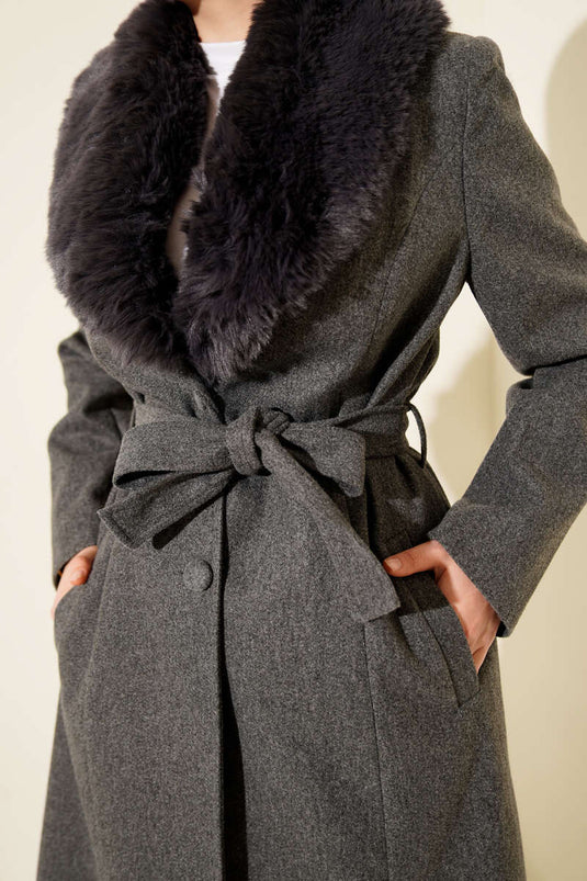 Fur Collared Cashmere Coat Smoke