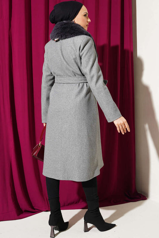 Yaka Kürklü Kaşe Kaban Gri