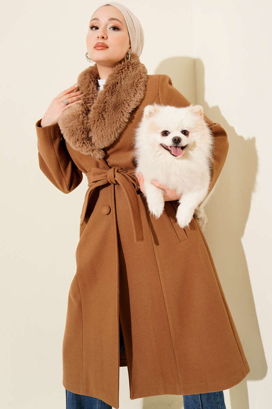 Latte Fur-Collared Cashmere Coat
