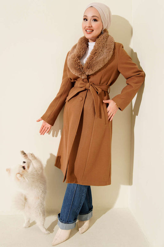 Latte Fur-Collared Cashmere Coat
