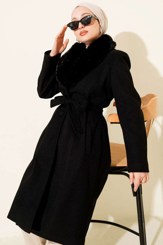 Fur Collar Cashmere Coat Black