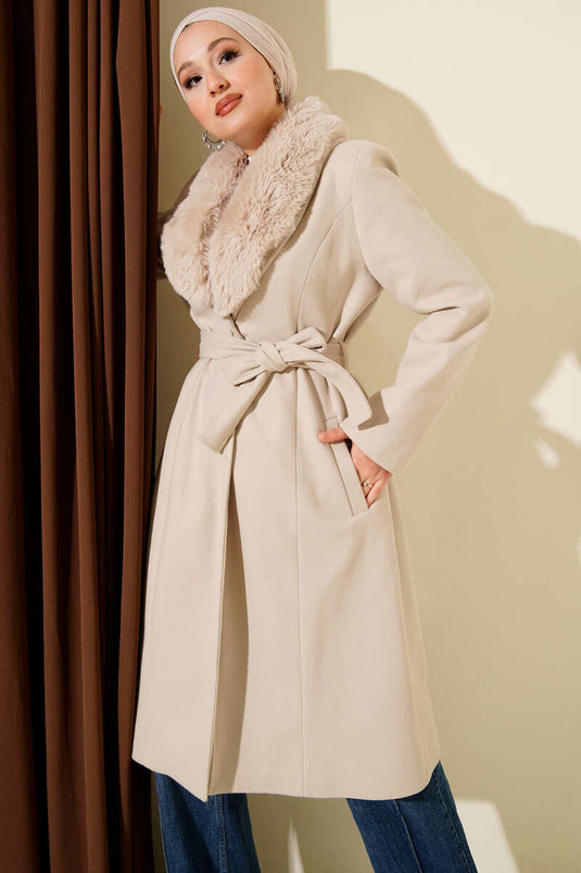 Fur Collar Cashmere Coat Stone