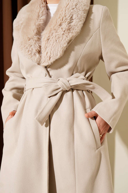 Fur Collar Cashmere Coat Stone