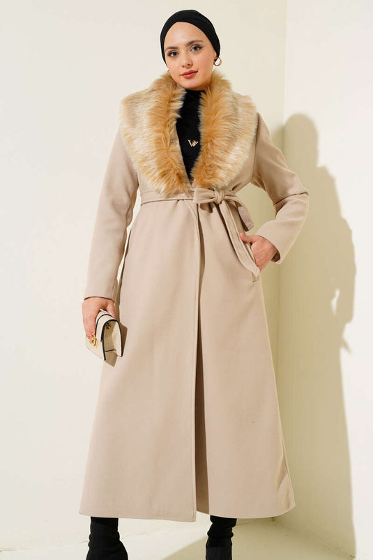 Fur Collar Belted Long Coat Beige