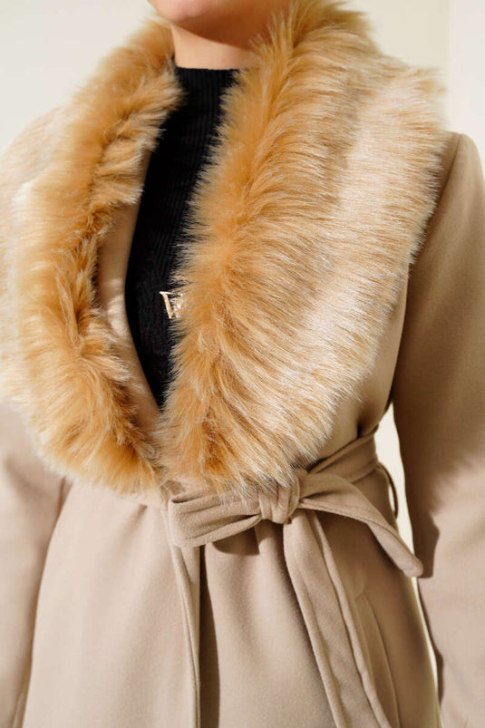 Fur Collar Belted Long Coat Beige