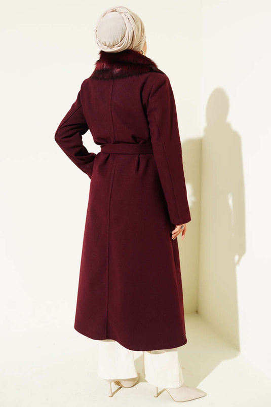 Bontkraag riem lange jas bordeauxrood