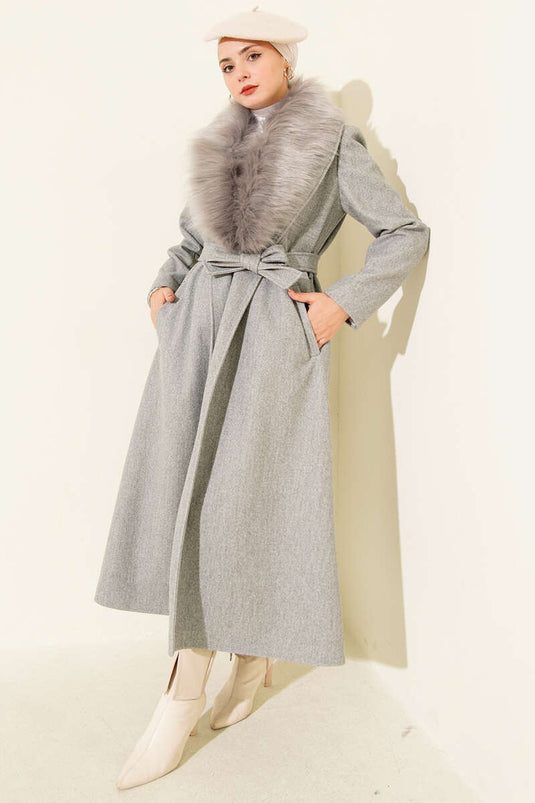 Fur Collar Belted Long Coat Gray