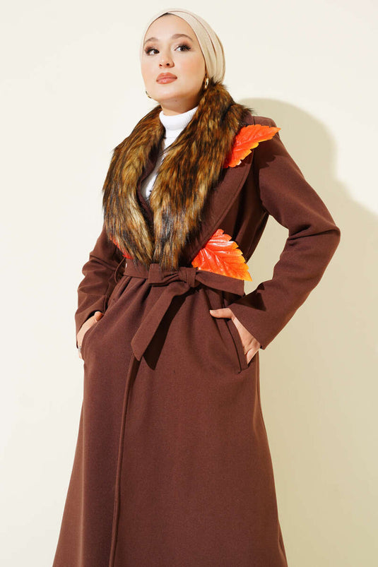 Yaka Kürklü Kuşaklı Uzun Kaban Kahve
