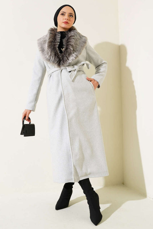 Manteau Long Col Fourrure Ceinturé Gris Mélange