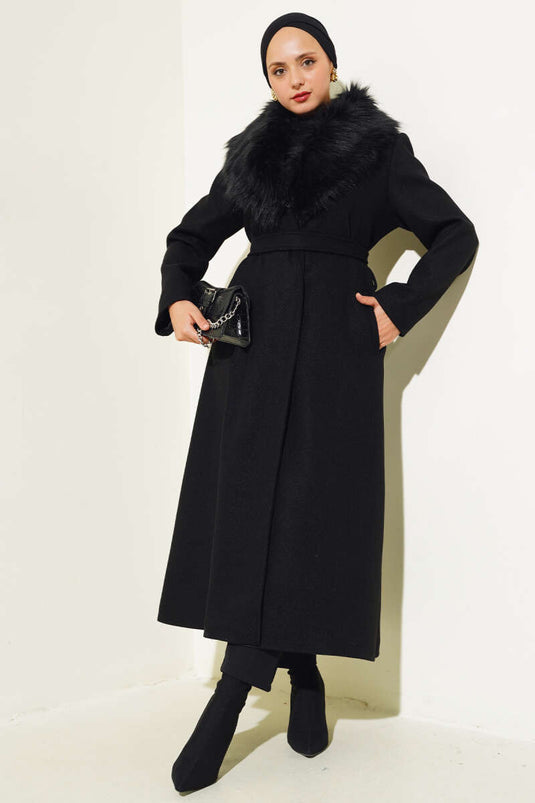 Fur Collar Belted Long Coat Black