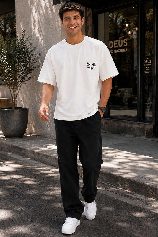 Yaka Kuş Wappen Oversize Herren T-Shirt Ecru