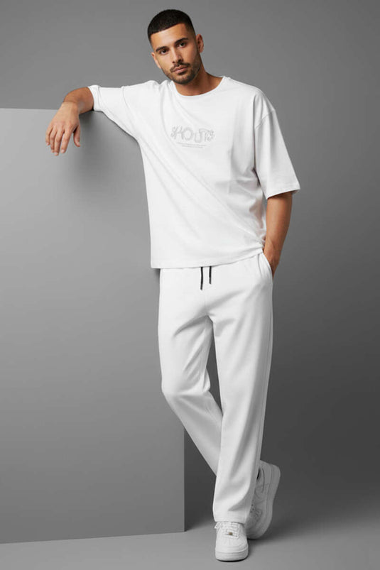 Men's White Tracksuit with Laser-Cut Collar and Side Slits