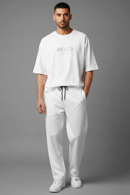 Men's White Tracksuit with Laser-Cut Collar and Side Slits