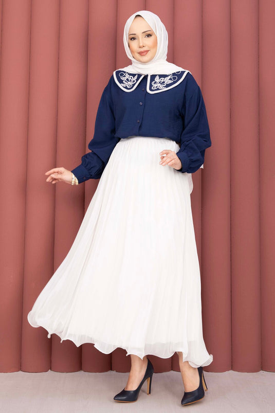Chemisier à broderie Yaka sur jupe, bleu marine