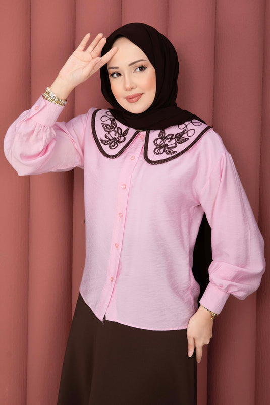 Yaka Nakışlı  Etek Üstü  Gömlek Pembe