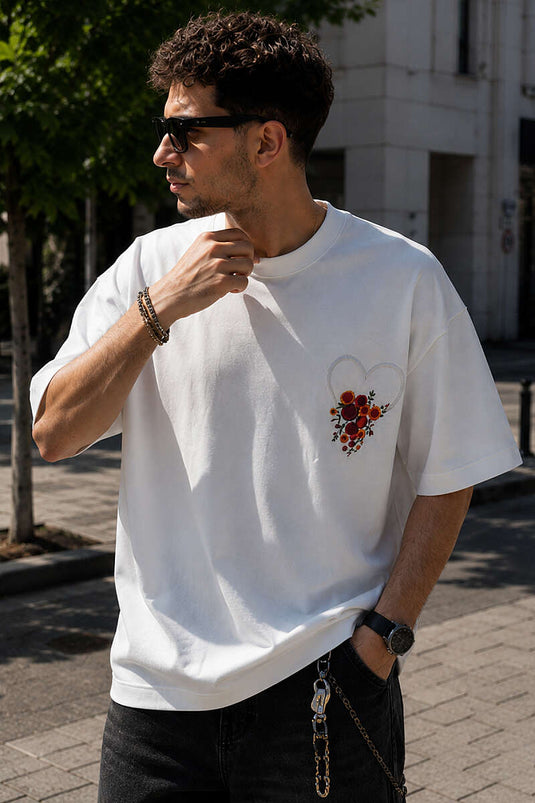 T-shirt oversize pour homme avec broderie Yaka, écru