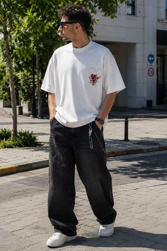 T-shirt oversize pour homme avec broderie Yaka, écru