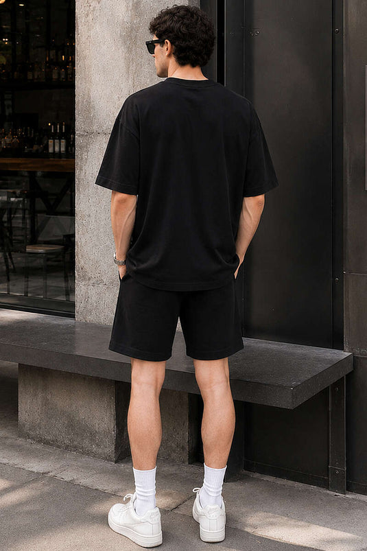 Yaka Nakışlı Oversize Erkek T-shirt Siyah