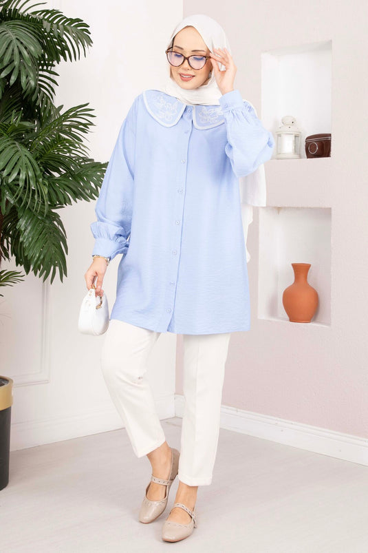 Embroidered Collar Modest Tunic Baby Blue