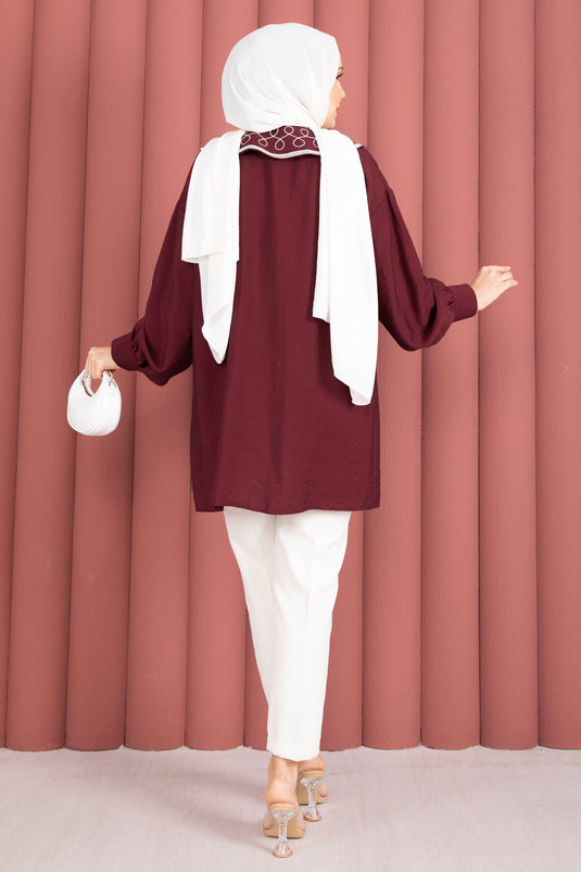Tunique Tesettür à Broderie Yaka Bordeaux