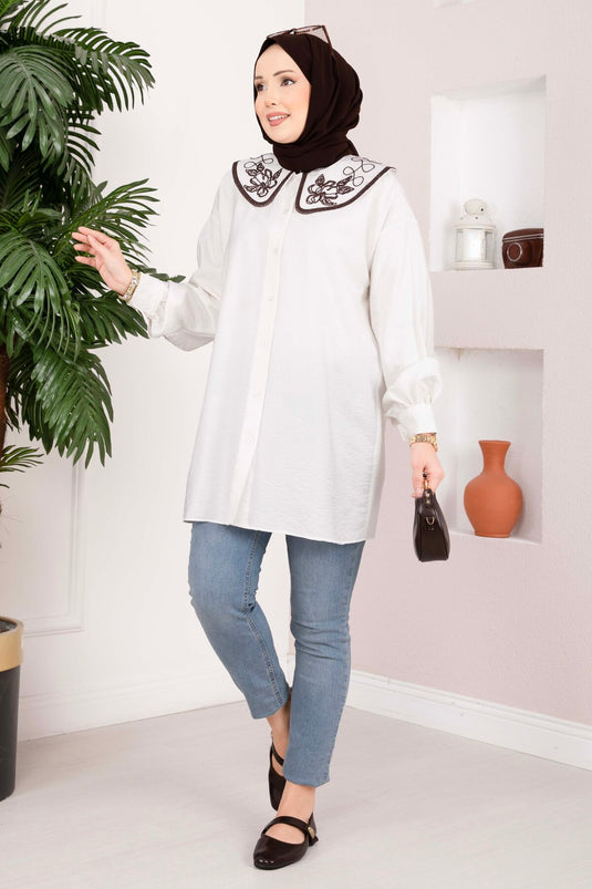 Tunique Tesettür à Broderie Yaka Écru