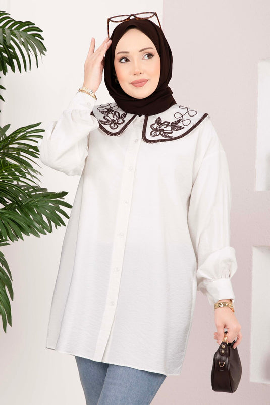 Tunique Tesettür à Broderie Yaka Écru