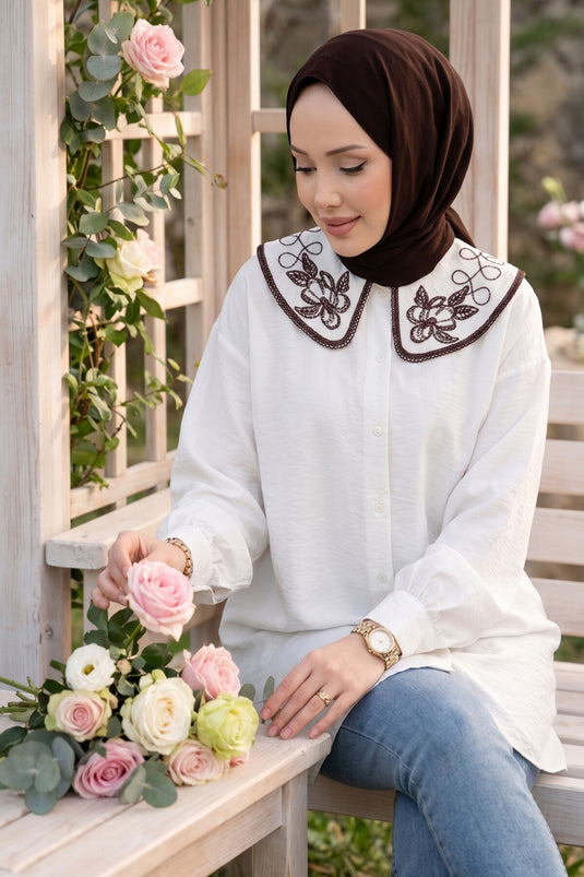 Tunique Tesettür à Broderie Yaka Écru
