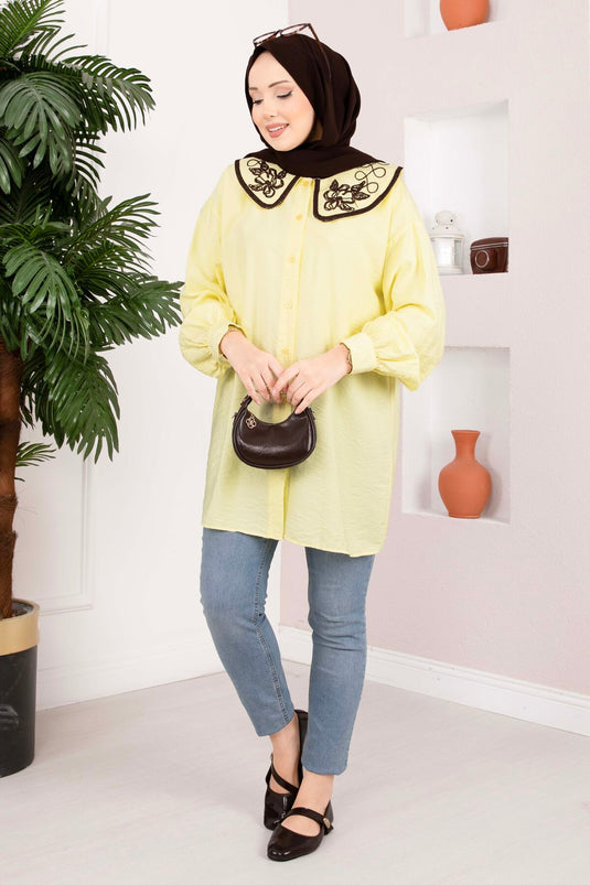 Tunique Tesettür à Broderie Yaka Jaune