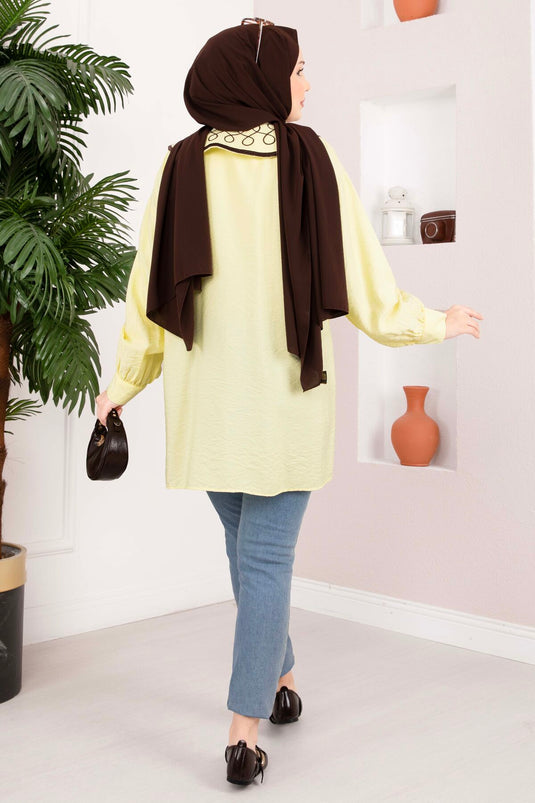 Tunique Tesettür à Broderie Yaka Jaune