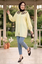 Tunique Tesettür à Broderie Yaka Jaune