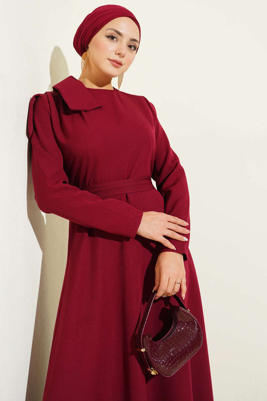 Yaka Parça Detaylı Abiye Elbise Bordo