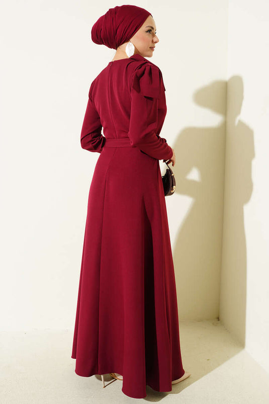 Yaka Parça Detaylı Abiye Elbise Bordo