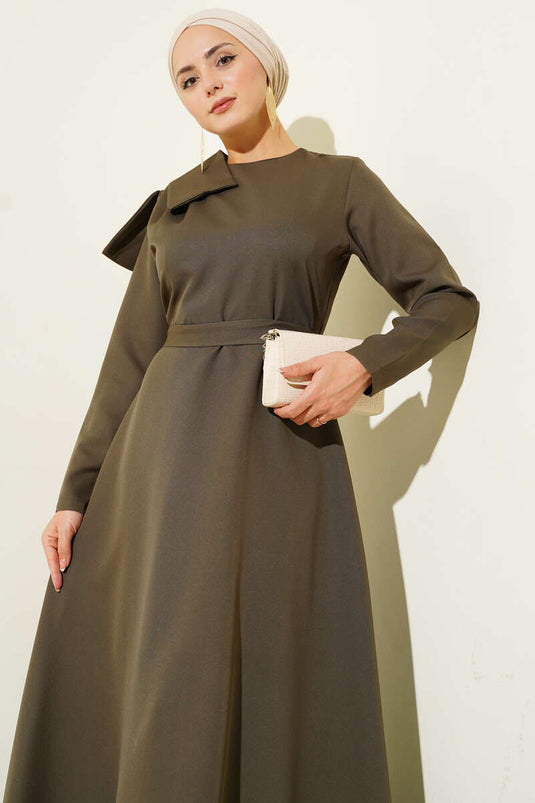 Yaka Parça Detaylı Abiye Elbise Haki