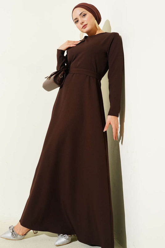 Yaka Parça Detaylı Abiye Elbise Kahve