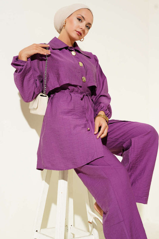 Kraag Cape Goud Geknoopt Tweedelig Pak Magenta