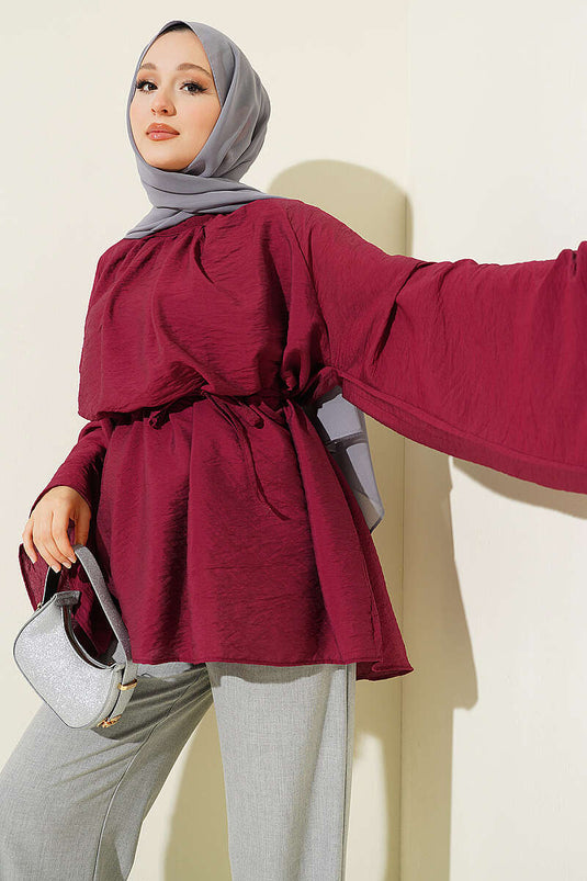 Yaka Pileli İp Kuşaklı Salaş Tunik Bordo