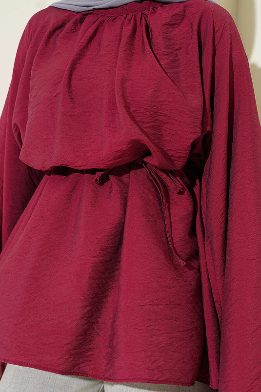 Yaka Pileli İp Kuşaklı Salaş Tunik Bordo