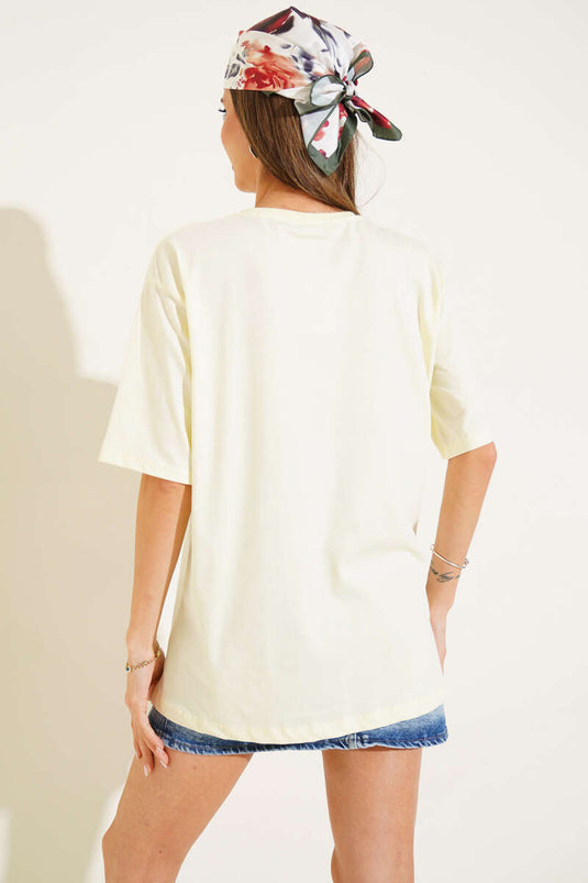 Einfaches T-Shirt mit geripptem Kragen, Gelb