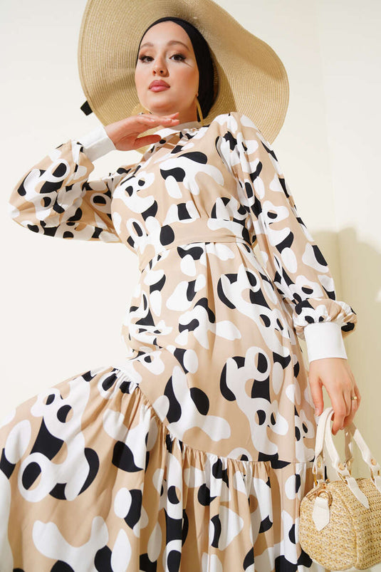 Ribbed Collar Patterned Dress Beige