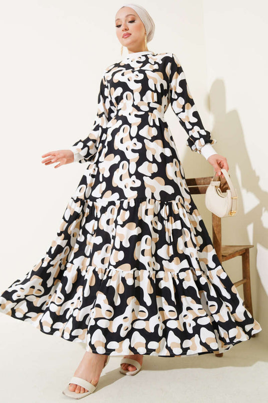 Ribbed Collar Patterned Dress Black