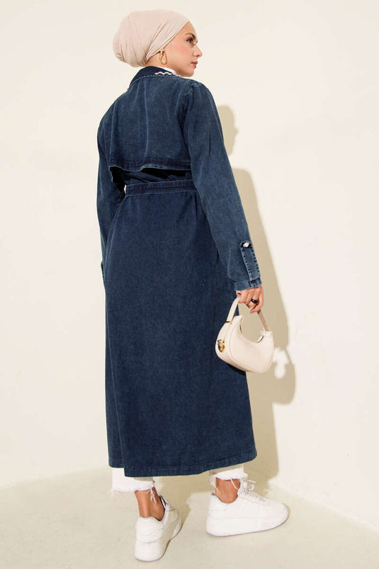 Stone Detailed Belted Denim Trench Coat Dark Blue