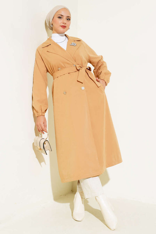 Trenchcoat mit Kragen und Steinfutter in Kamel