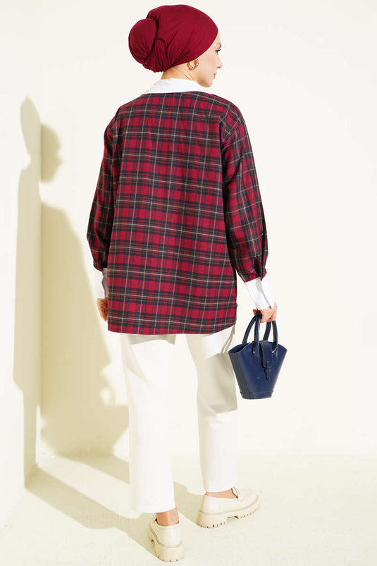 Chemise à carreaux avec col à pierres Bordeaux