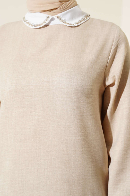 Yaka Taşlı Garnili İkili Takım Bej