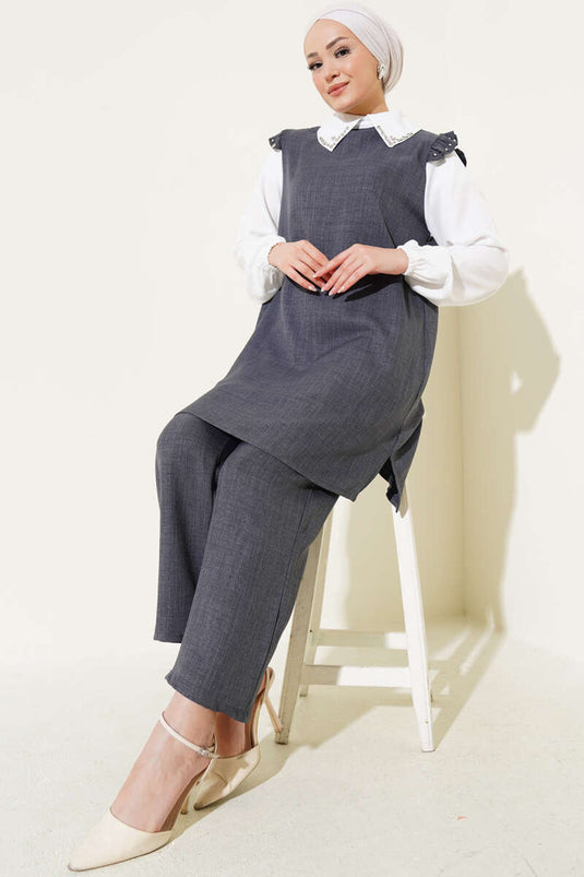 Stone Collar Shirt Garnished Two Piece Set Anthracite