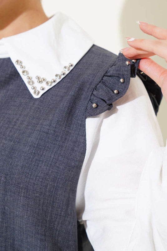 Stone Collar Shirt Garnished Two Piece Set Anthracite