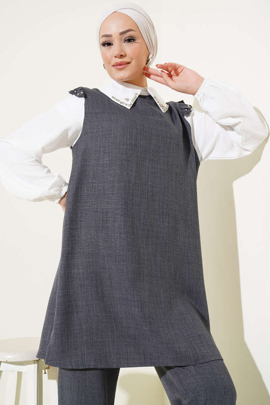 Stone Collar Shirt Garnished Two Piece Set Anthracite