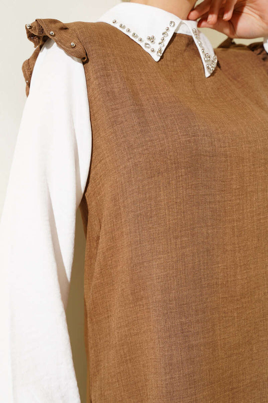 Yaka Taşlı Gömlek Garnili İkili Takım Camel