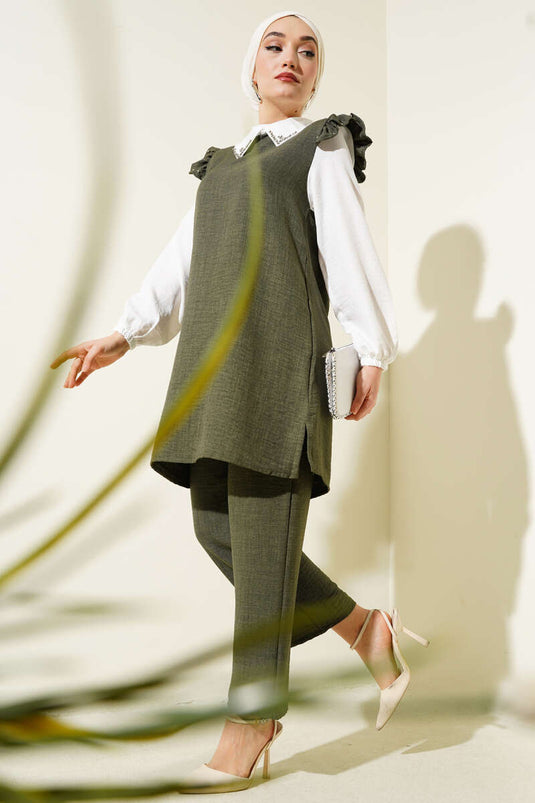 Costume deux pièces garni d'une chemise à col en pierre kaki