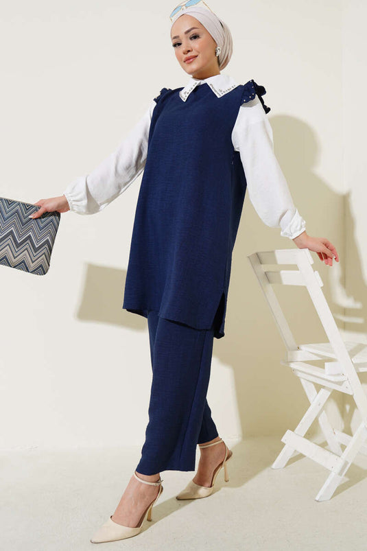 Stone Collar Shirt Garnished Two Piece Suit Navy Blue